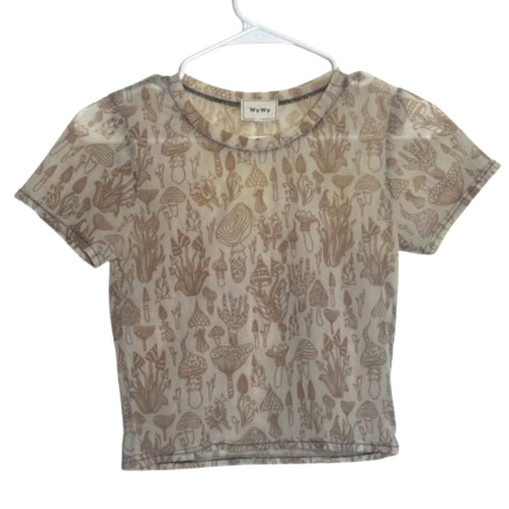 Wowo Sheer Graphic Mushroom Crop Top Womens Medium Stretch 70s Retro Brown